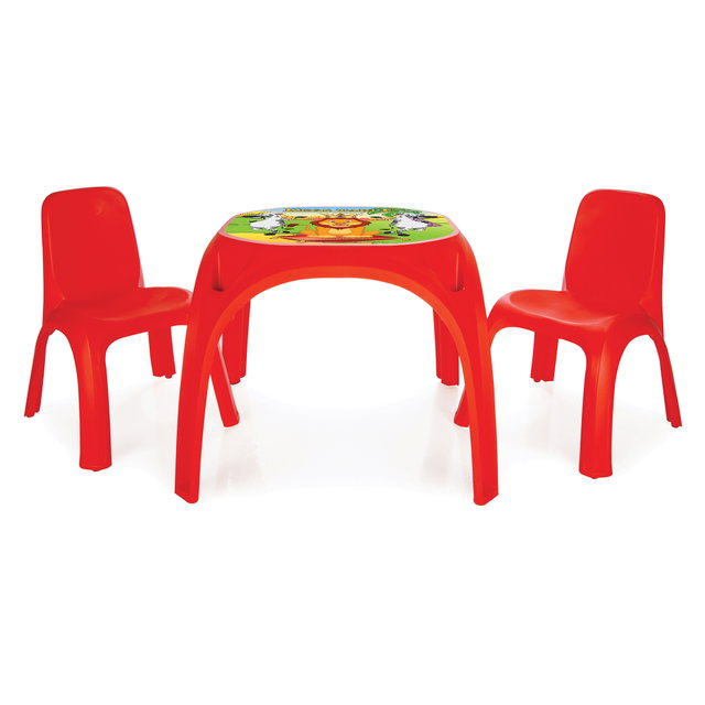 Stabile Kindersitzgruppe rot, 1x großer Tischöberfläche, Tiermotive und 2xKinderstühle